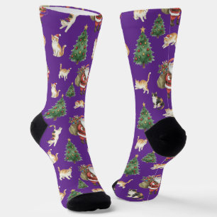 Calcetines con patrón de gatos lindos y árboles de