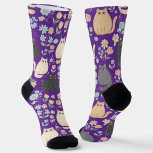 Calcetines con patrón de gatos lindos y flores pas
