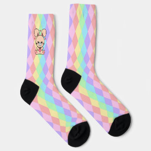 Calcetines Conejo conejo conejo kawaii sobre diamantes pastel