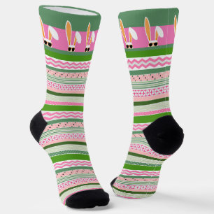 Calcetines Conejos blancos en franjas rosadas y verdes, Pascu