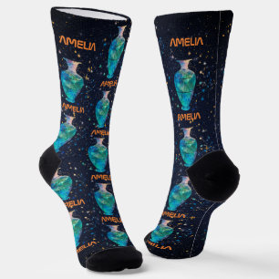 Calcetines Constelación de Acuario Zodiaco Galaxia Acuarela