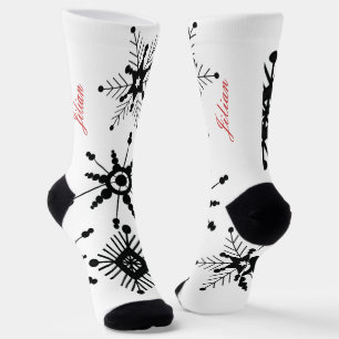 Calcetines Copos de Navidad Escritura Negra Nombre Rojo