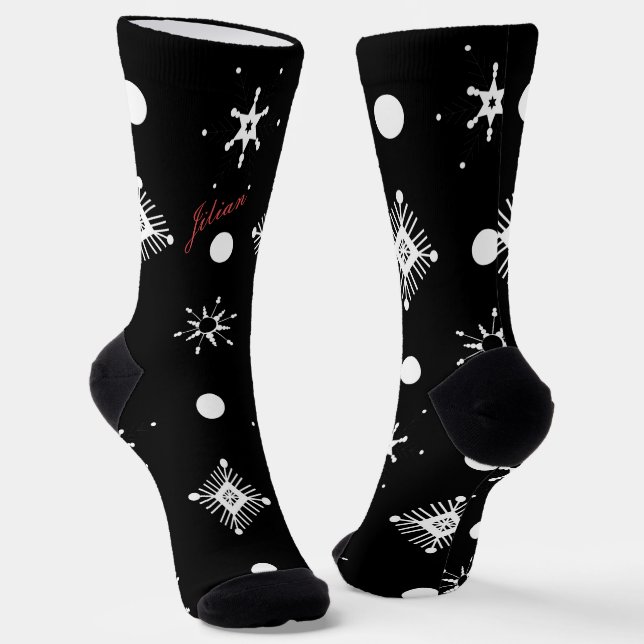 Calcetines Copos de Navidad Negro Blanco Nombre en Guión Rojo (Angular)