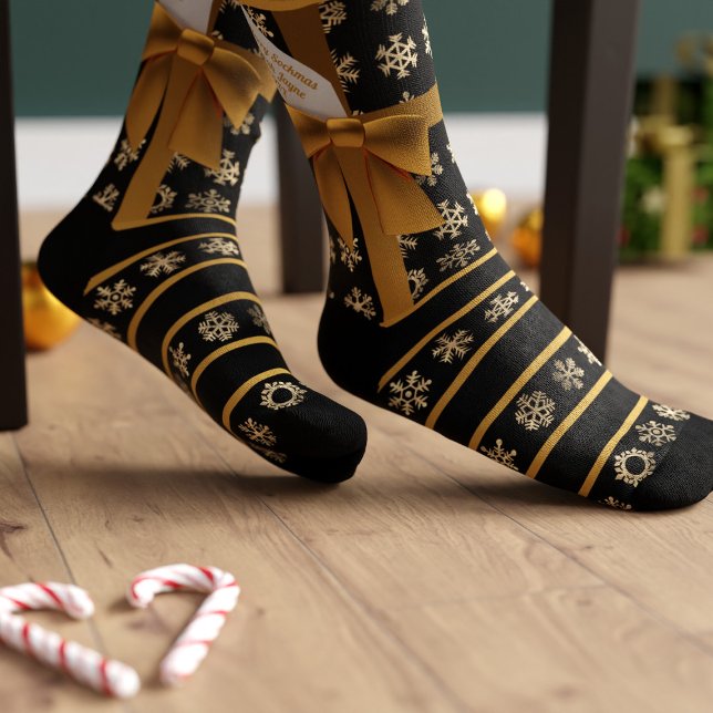 Calcetines Coqueta negra y dorada sopla tira de copo de nieve (Give the gift of festive socks this Holiday Season. Just add your name!)