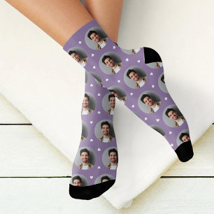 Calcetines Corazón de foto de novio personalizado de lavanda 