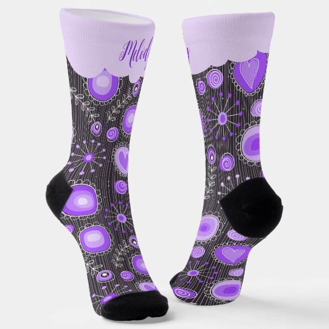 Calcetines Corazón gris púrpura caprichoso y nombre floral fl (Angular)