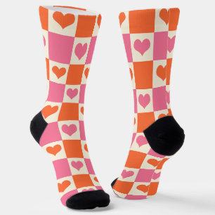 Calcetines Corazones de tablero de ajedrez en rosa, Naranja y