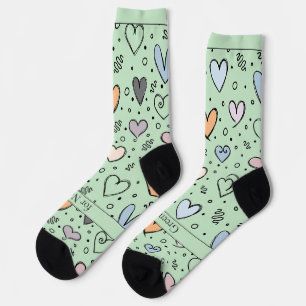 Calcetines Corazones Doodle sobre Verde Claro con Texto