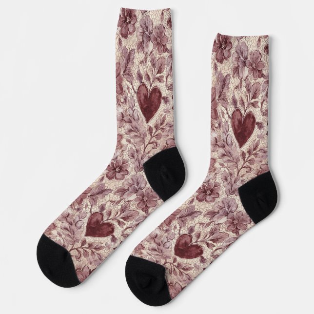 Calcetines Corazones Florales Rojo Crema (Izquierda)