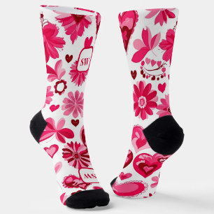 Calcetines Corazones florales rosados, monograma giratorio
