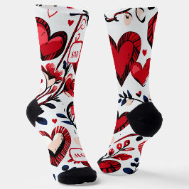 Calcetines Corazones rojos femeninos, florales. Inicial.