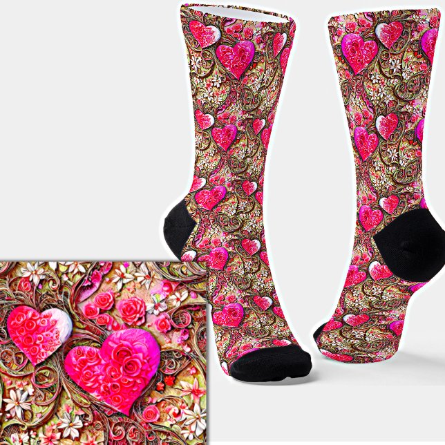 Calcetines Corazones rosados y flores de Raffia (Subido por el creador)