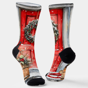 Calcetines Corona de Navidad roja vintage rústica para puerta