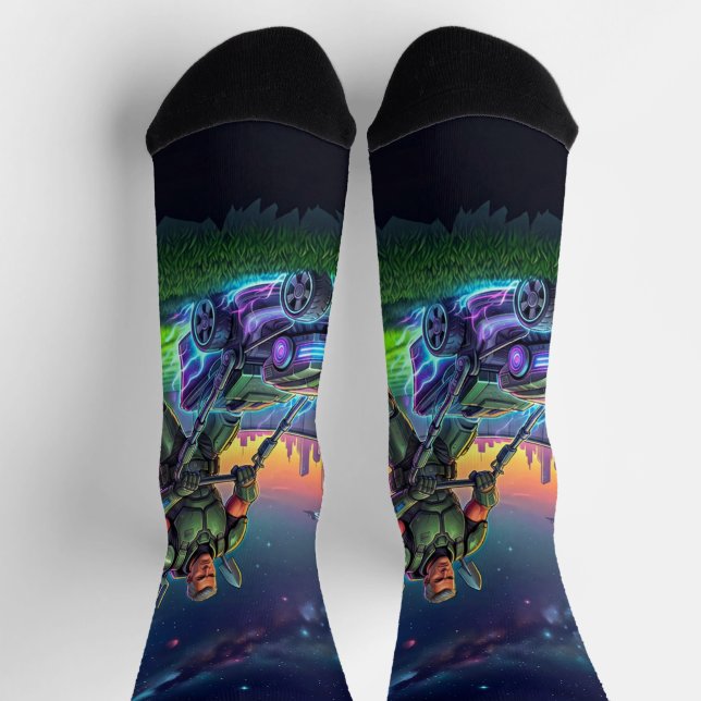 Calcetines Cortacésped Astronauta Cósmico Divertido Retro Cóm (Arriba)