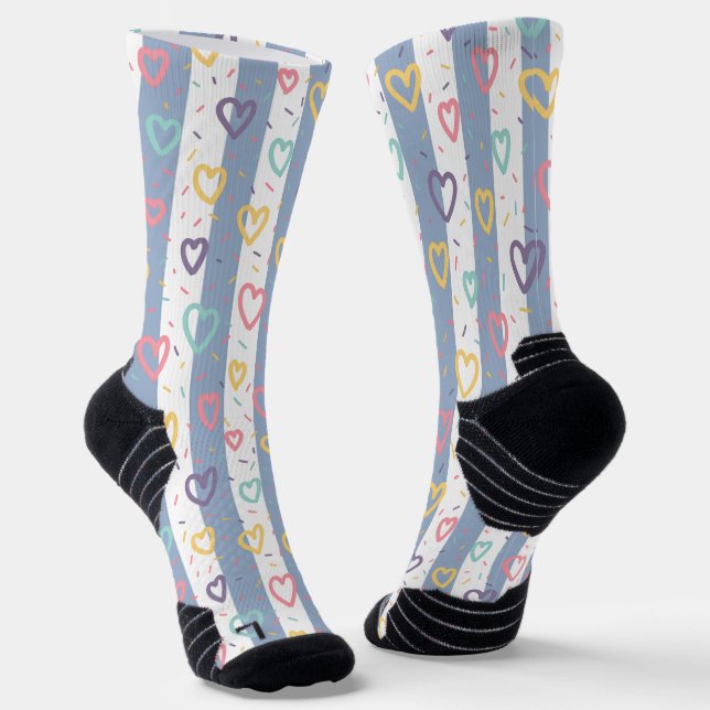 Calcetines Crew Socks Pink & White Stripe Colorful Hearts (Angular)