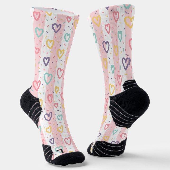 Calcetines Crew Socks Pink & White Stripe Colorful Hearts  (Angular)