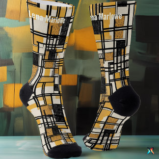 Calcetines Cuadrícula geométrica abstracta en mostaza y negro