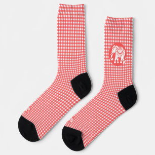 Calcetines Cuadro de gingham rojo con elefante blanco