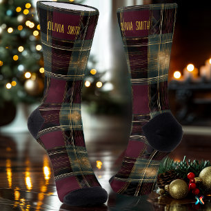 Calcetines Cuadro de Navidad Burgundy y Dorado de Lujo Person
