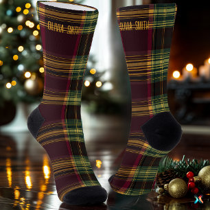Calcetines Cuadros Clásicos de Navidad - Burgundy y Verde Per