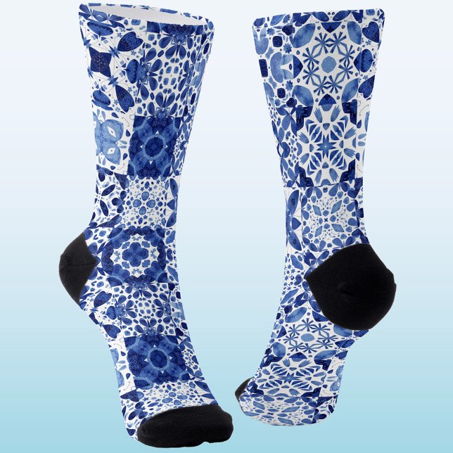 Calcetines Cuadros de agua del patrón de mosaico blanco azul  (Blue and white Mediterranean tile pattern socks)