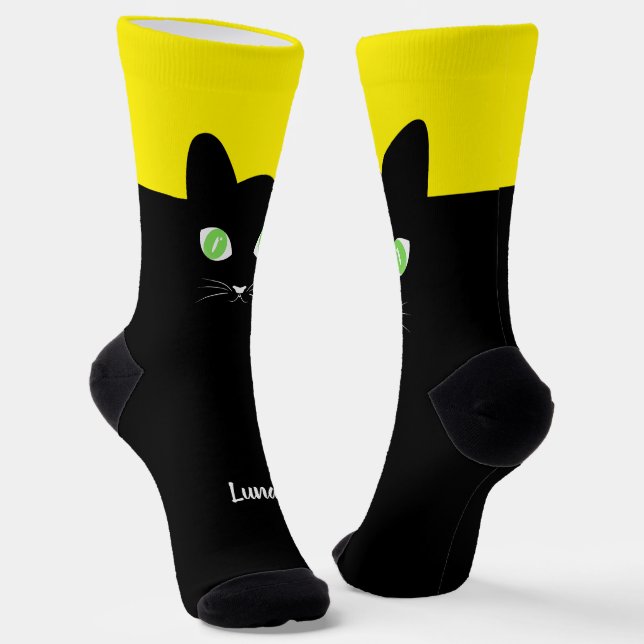 Calcetines Custom Black Cat Photo Socks with Name - Cat Lover (Angular)