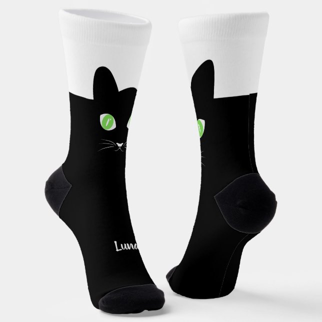 Calcetines Custom Black Cat Photo Socks with Name - Cat Lover (Angular)