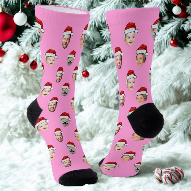 Calcetines Custom Face Santa Hat Pink Socks, 4 Photos Pink (Subido por el creador)