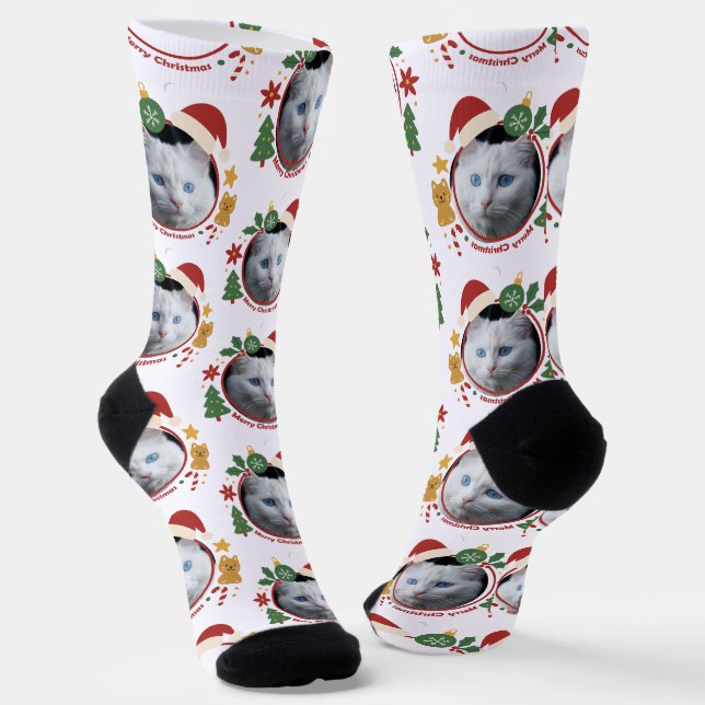 Calcetines Custom Pet Photo Christmas Pattern Fun Socks (Angular)