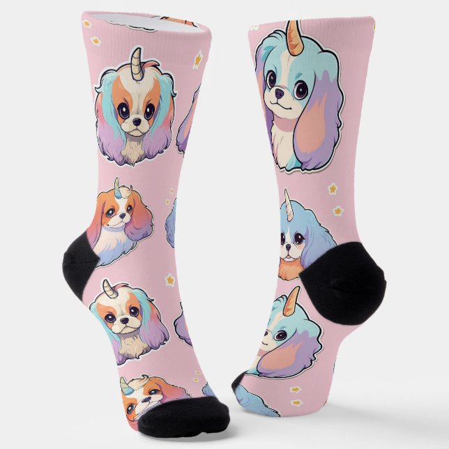 Calcetines Cute Cavalier Rey Charles Unicorn Pastel rosa (Angular)