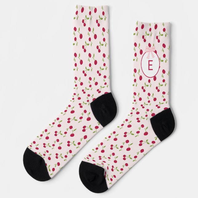 Calcetines Cute Cherry Print Pattern Coquette Pink Monogram (Izquierda)