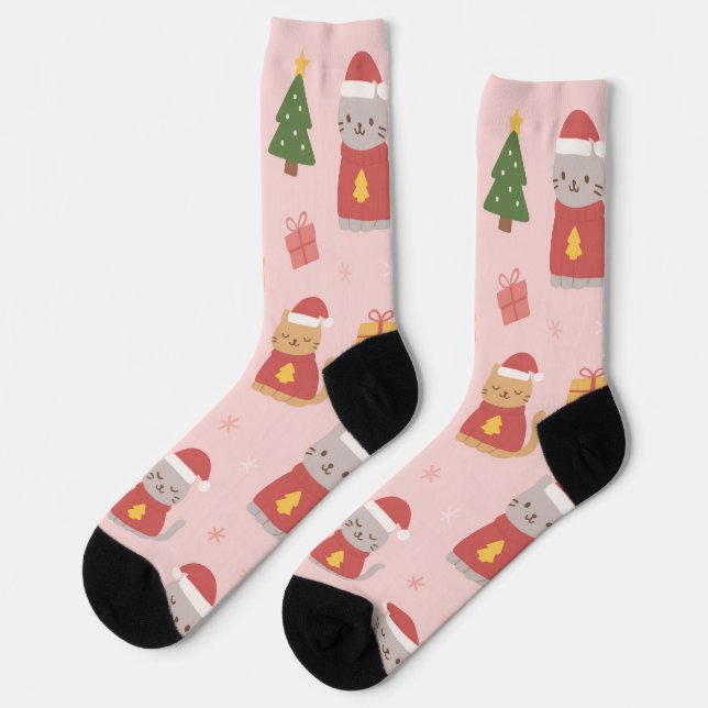 Calcetines Cute Christmas Cats Pattern – Pink Holiday Design (Izquierda)