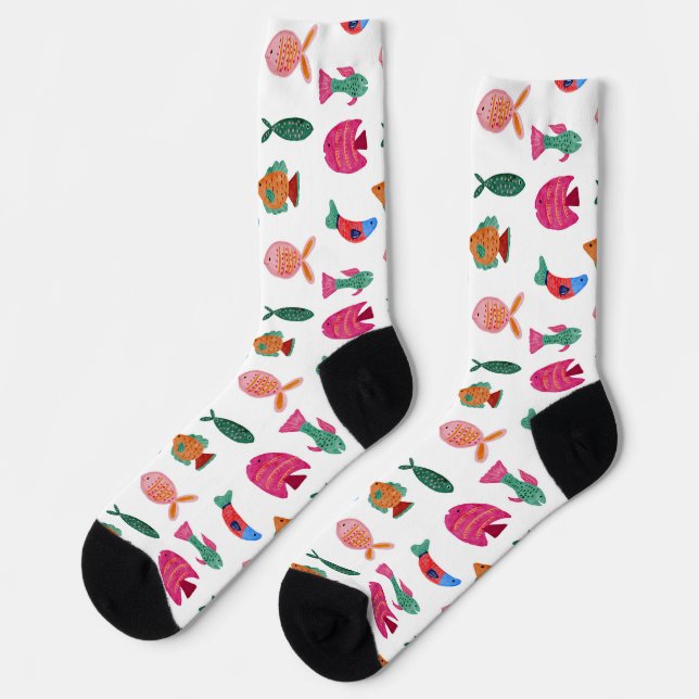 Calcetines Cute Colorful Tiny Fish Drawing Seamless Pattern (Izquierda)