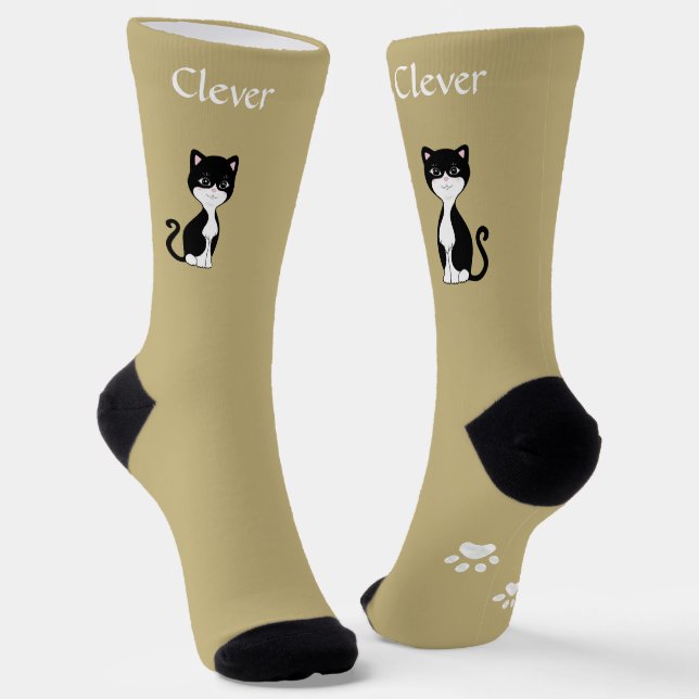 Calcetines Cute Funny Tuxedo Cat & Paws on Light Beige (Angular)