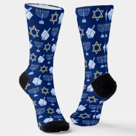 Calcetines Cute Hanukkah Dreidel Menorah Patrón Oro Azul