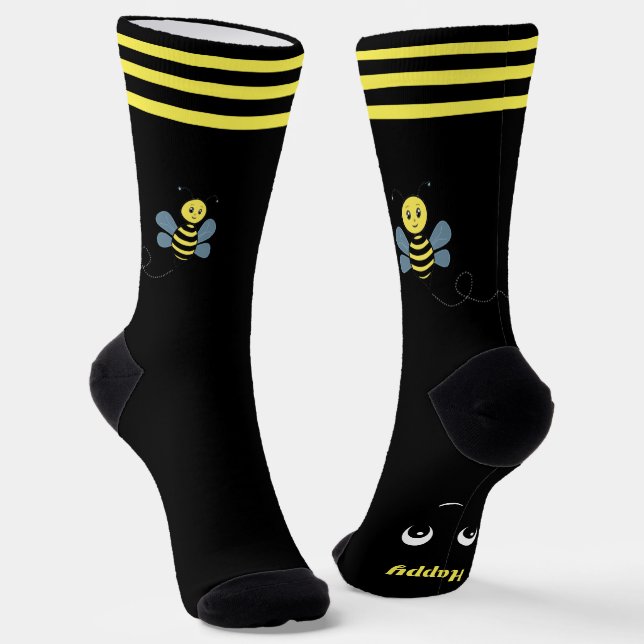 Calcetines Cute Happy Honeybee on Black Crew Socks (Angular)