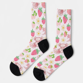 Calcetines Cute Kawaii Axolotl & Strawberry Seamless Pattern