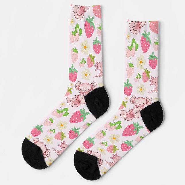 Calcetines Cute Kawaii Axolotl & Strawberry Seamless Pattern (Izquierda)