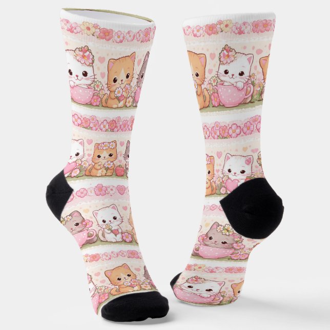 Calcetines Cute Kawaii Kittens Pastel Floral (Angular)