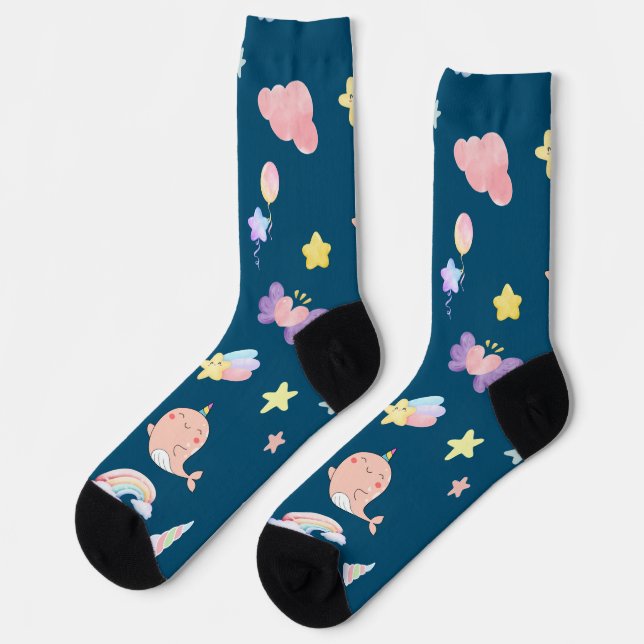 Calcetines Cute Narwhal Fish Unicorn Arcoiris cumpleaños (Izquierda)