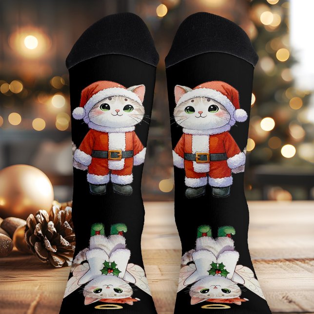Calcetines Cute Navidades Kitty Fun Angel (Socks featuring cute illustrations of a Christmas cat and cat angel)