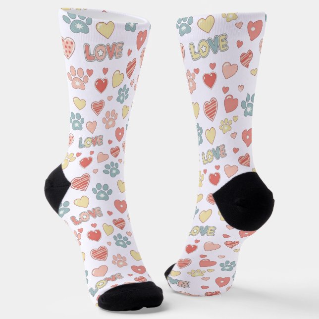 Calcetines Cute Pastel Paw Prints and Hearts Pattern "LOVE"  (Angular)