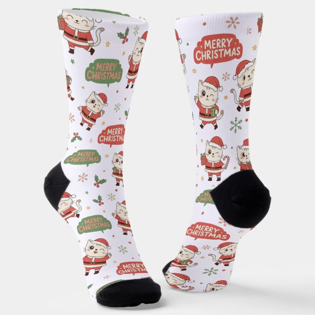 Calcetines Cute Santa Cat Pattern "Merry Christmas" Holiday  (Angular)