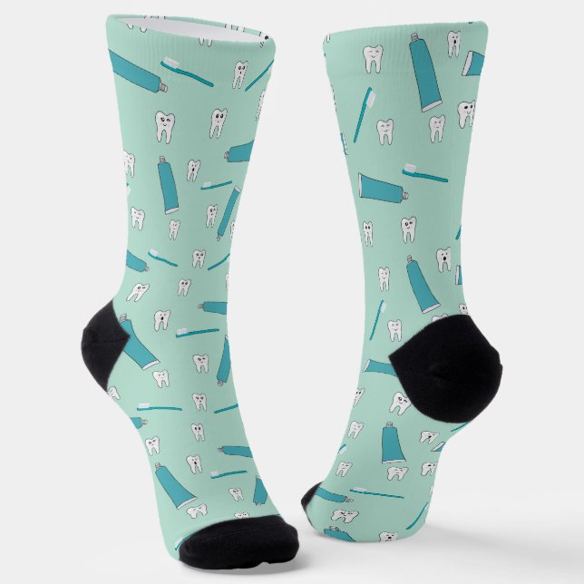 Calcetines Cute Tooth Teal Mint Toothpaste Toothbrush Pattern (Angular)