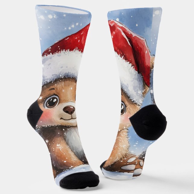 Calcetines Cute Winter Christmas Santa Bear Cub Watercolor  (Angular)