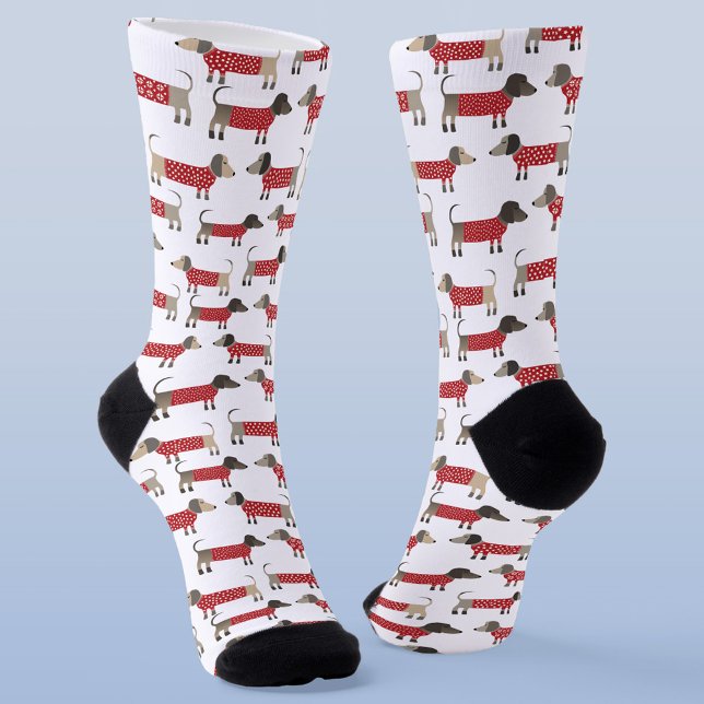 Calcetines Dachshund Sausage Wiener Dog Holiday (Festive Dachshund Sausage Wiener Dogs in red and white knitwear on unisex socks)