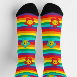 Calcetines Daisies sonrientes de Emoji en franjas arcoiris