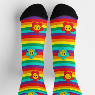 Calcetines Daisies sonrientes de Emoji en franjas arcoiris