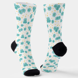 Calcetines Daisies y puntos - turquesa y amarilla