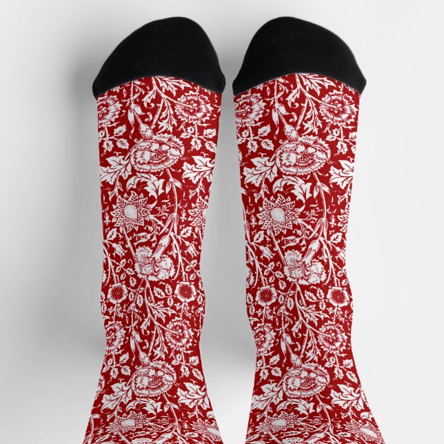 Calcetines Damasco de claveles de Art Nouveau, rojo y blanco (Arriba)